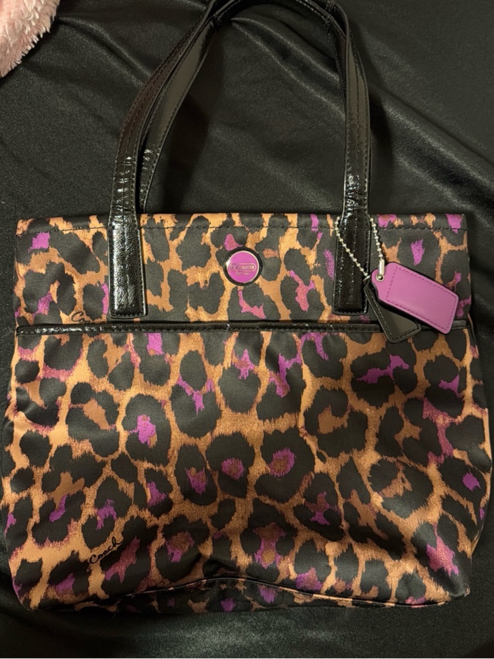 Coach Leopard-Print Tote with Purple Accents and Black Trim